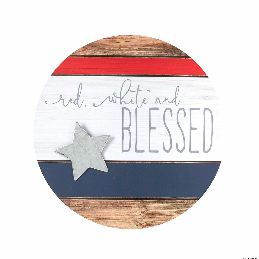 Signs * | Coupon Red White & Blessed Door Sign